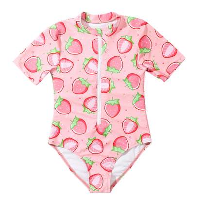 Pink Strawberry Girls One Piece Swimsuit 7-12 Year Kids Swim Suit Zipper Children's Swimwear 2024 Surf Bathing Suits