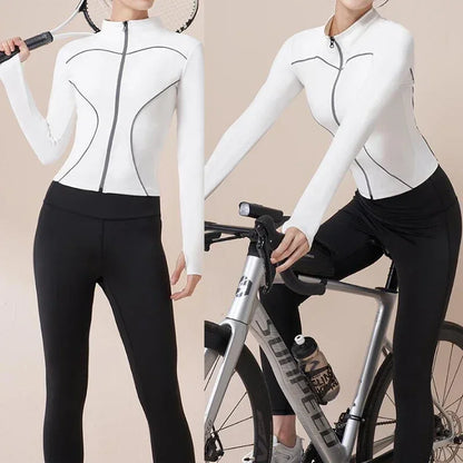Slim Fit Yoga Jackets Reflective Stripe Safe Night Run Long Sleeve Women Sports Jackets Thumbhole Gym Tops Quick Dry