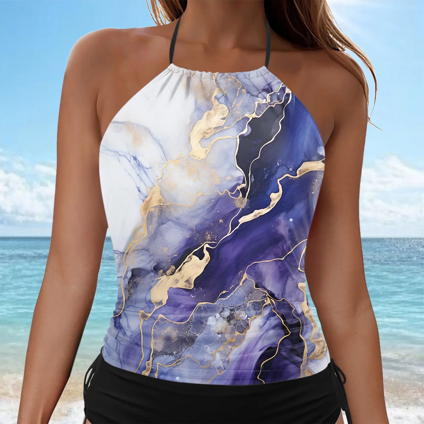 Women's Vintage Print Swimsuit Tankini Set Hanging Neck Slim Fit Suspender Tops Mid Waist Side Drawstring Bathing Suits Shorts