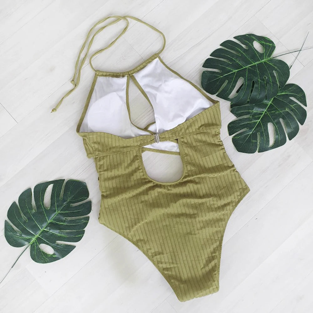 Solid Halter Swimwear Women Push UP Cross Hollow One Piece Swimsuit Monokini High Waist Cut Bathing Suit