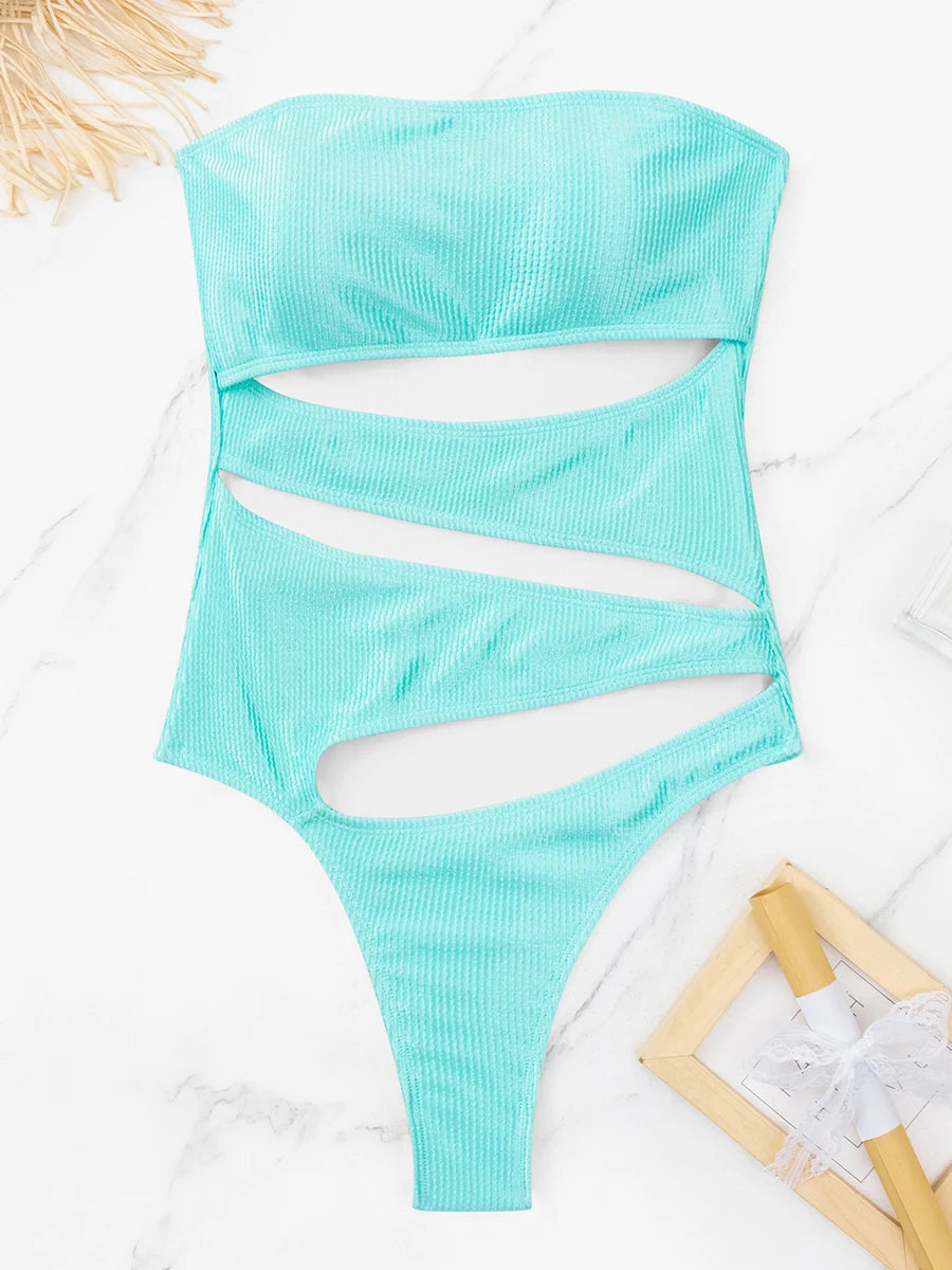Padded Swimsuit One Piece Cut Out Tong Swimwear Women Solid Bathing Swimming Swim Suit Female Beachwear Bodysuit