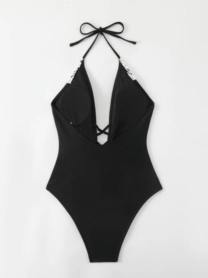 Halter String Swimsuit Women One Piece Black Lace Backless Swimwear Female Monokini Bathing Swimming Suit Beachwear