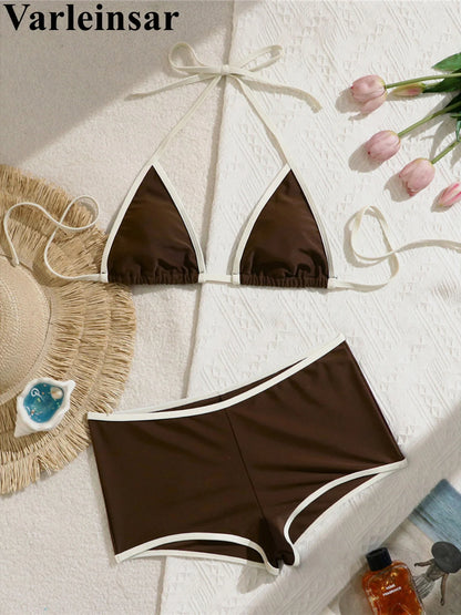Splicing Halter Shorts Bikini Female Swimsuit Women Swimwear Two-pieces Bikini set Padded Bather Bathing Suit Swim