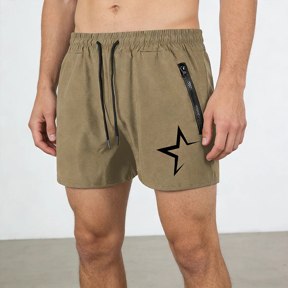 Men's Swimming Trunks with Double Zipper Pockets Summer Quick Dry Beach Shorts Star Print Gym Fitness Running Sport Shorts