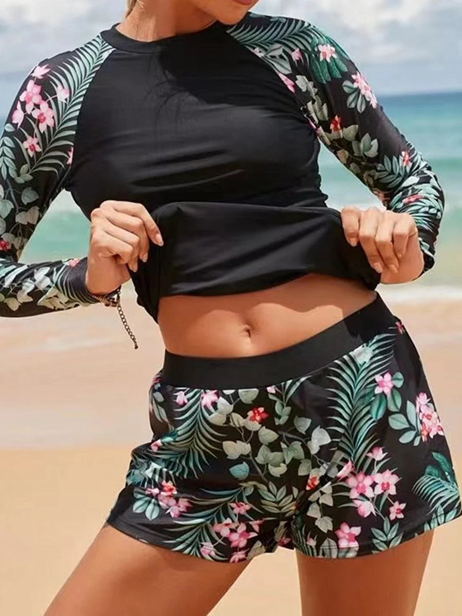Long Sleeve Surfing Swimsuit Print Swimwear Women Two Pieces Diving Clothes Beachwear Bathing Swimming Swim Suit