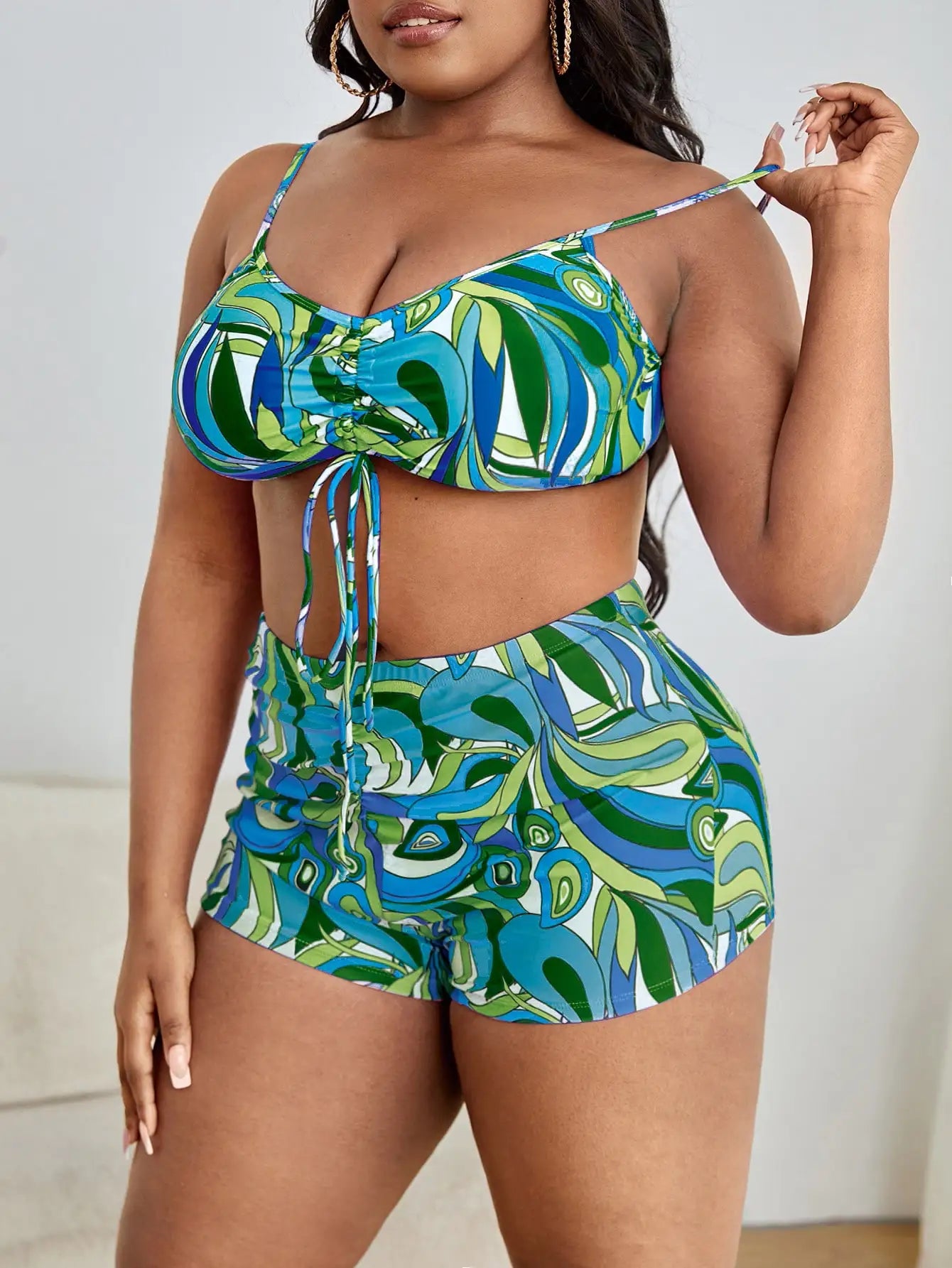 3 Pieces Large Size Bikini Printed Swimsuit Women & Kimono Drawstring Front Swimwear Female Bathing Swimming Suit Beachwear
