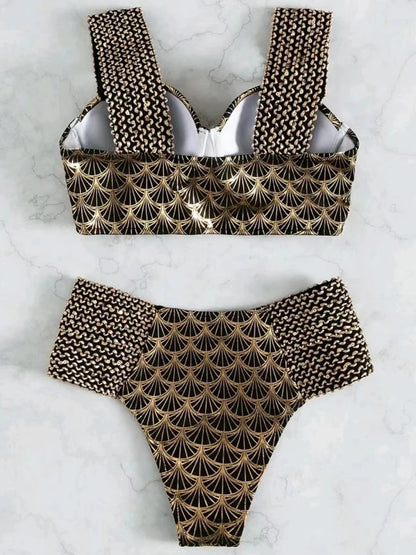 Metallic Stitch Strap Bikini  Women Push Up Gold print Swimsuit Female High Waist Swimwear Bathers Bathing Suit Beachwear