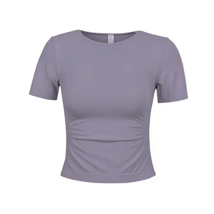 Aiithuug Seamless Slimming Waist Up Yoga Short Sleeve Gym Shirts Stretch Breathable Daily Sports Tennis Golf Tops Fitness Crops