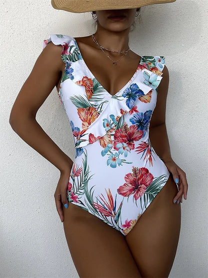 One Piece Swimsuit Women Swimwear Vintage Bathing Suit Shoulder Ruffle Swimming Suit Backless Monokini
