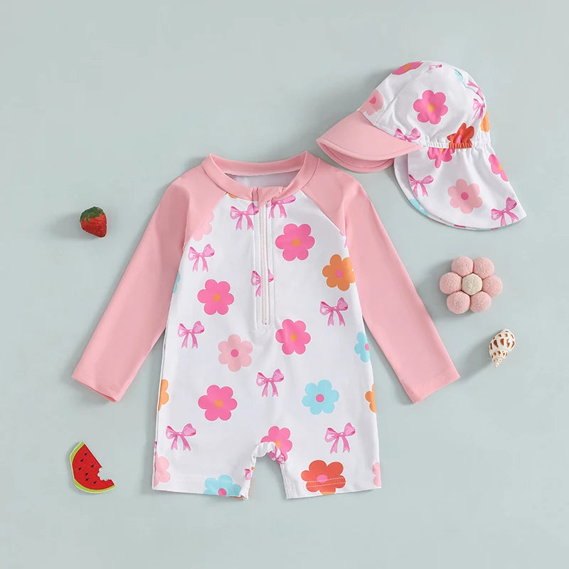 Toddler Girl Long Sleeve Swimsuit Floral/Bow/Strawberry Print Half Zipper Non-Pilling Rash Guard Swimwear Sunhat Set