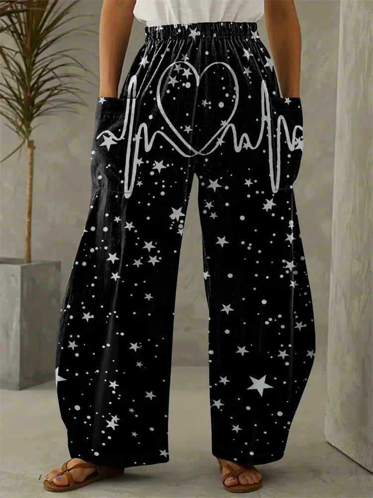 Simple Star And Moon Abstract Sun Print Pants Fashionable European And American Ladies Wide-leg Pants Delicate And Elegant Pants