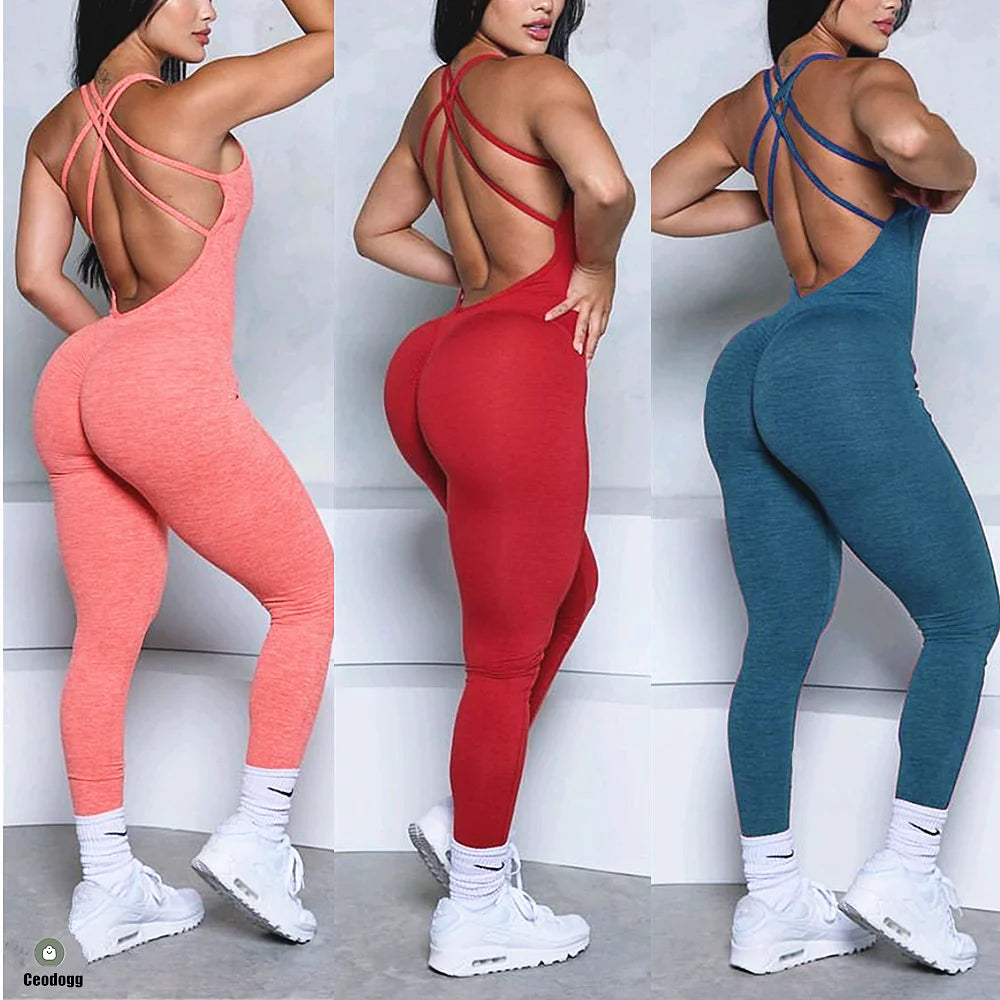 Pad Cross Back Women Lycra Fitness Gym One Piece Jumpsuit Leggings Workout Pant Female Shorts Active Wear Sport Outfit Suit