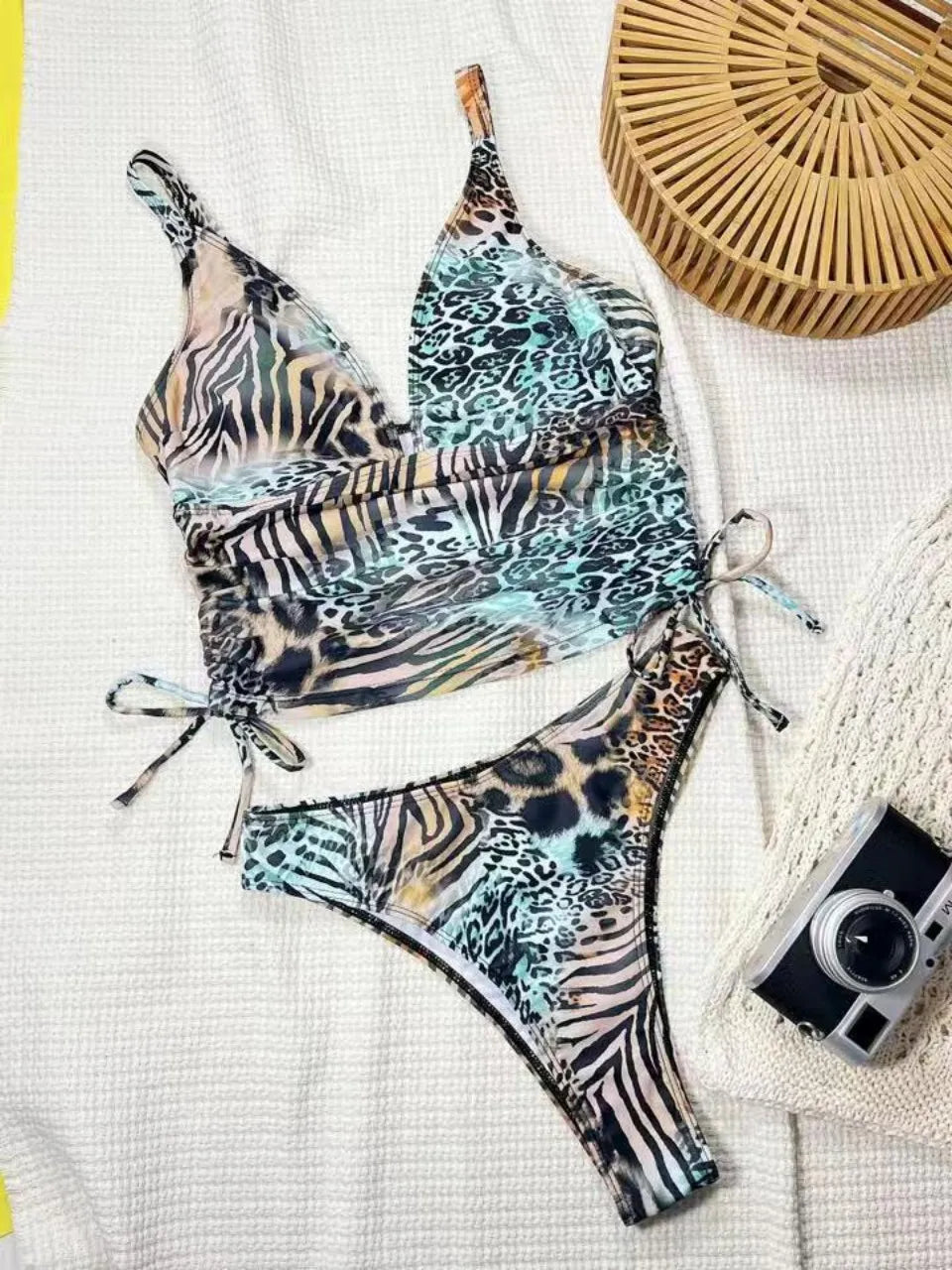 Strappy Drawstring Two Pieces Triangle Swimsuit Women Leopard Plunging Swimwear Female Bathing Swimming Suit Beachwear