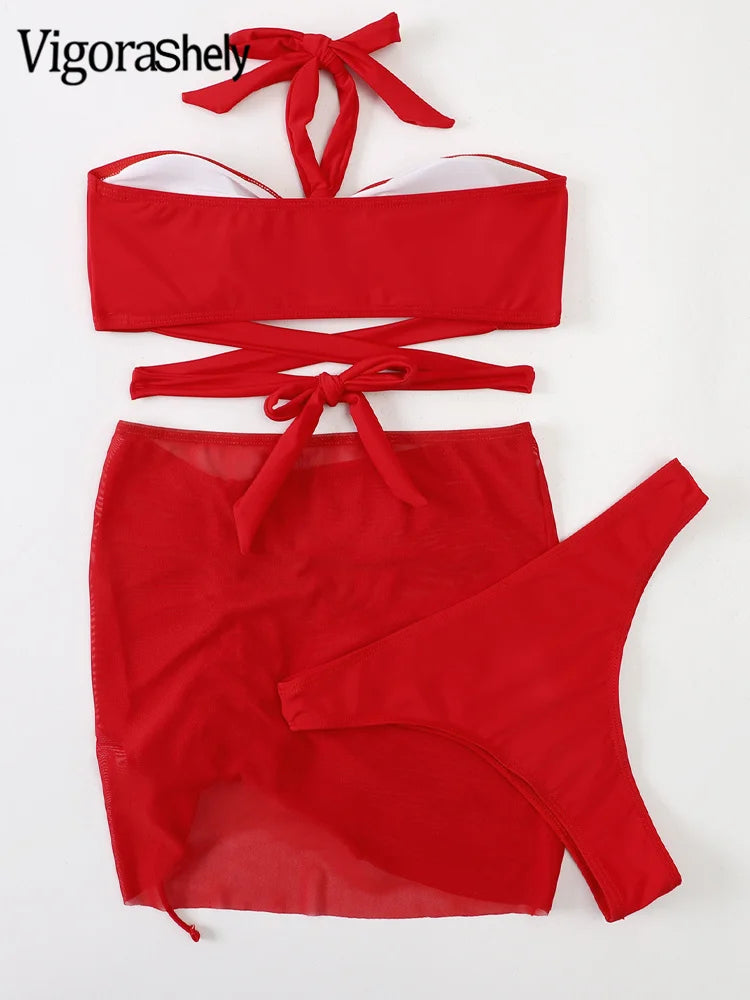 Solid 3PCS Skirt Bikini Set Sexy Women Swimsuit Cross Hollow Push Up Swimwear Beach Brazilian Bathing Suit