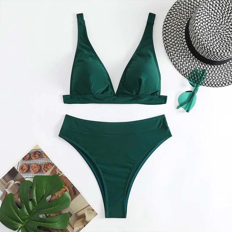 Women Green Bikini Set Push Up Bathing Suits Swimwear High Waist Swimsuit Two Pieces Swimming Suit Beachwear Halter Bikini