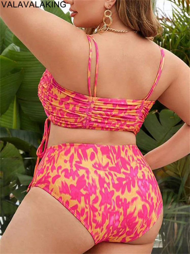 Color Print Two Piece Plus Size Bikini Women Strapped Large Swimsuit High Waist Lady Swimwear Beach Curvy Bathing Suit