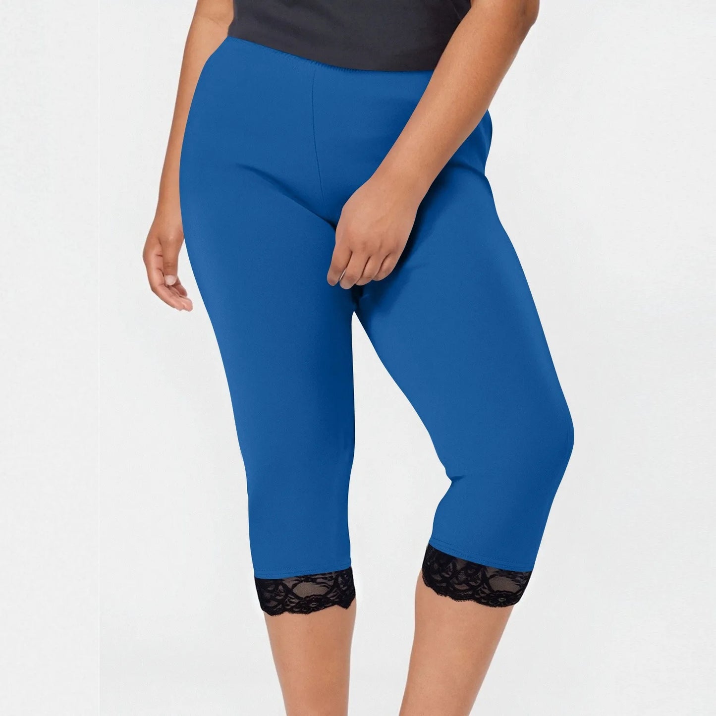 Plus size yoga pants women's fashion large solid color lace splicing bottom pants with elastic waist sports cropped pants