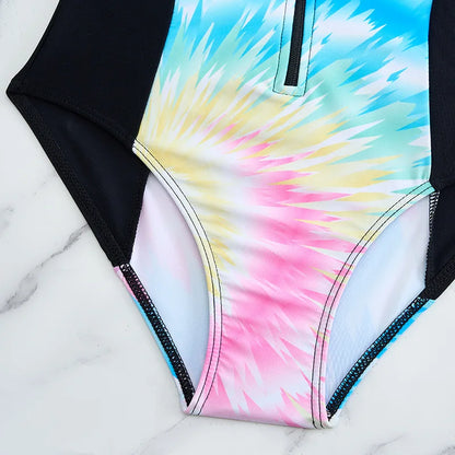 Long Sleeve Girls One Piece Swimsuit 7-12 Year Kids Swim Suit Children's Swimwear 2025 Patchwork Surf Bathing Suits Cap