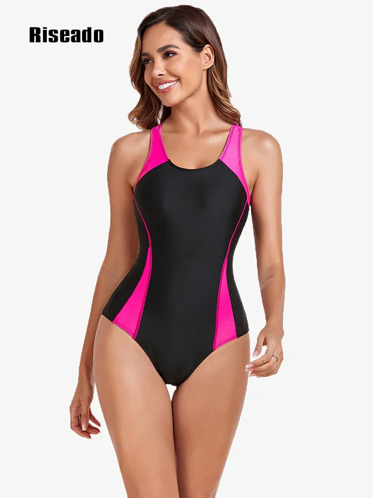 Riseado Athletic One Piece Swimsuit Women Patchwork Swimwear Female Athletic Swimming Suit Competitive Swimwear
