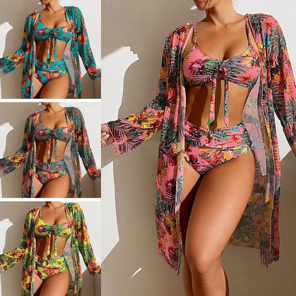 Split Three Piece Floral Printed Swimsuit Women Bikini Set Wireless Bra with Pad Sport Top Long sleeve Blouse Swimwear