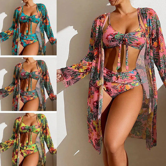 Split Three Piece Floral Printed Swimsuit Women Bikini Set Wireless Bra with Pad Sport Top Long sleeve Blouse Swimwear