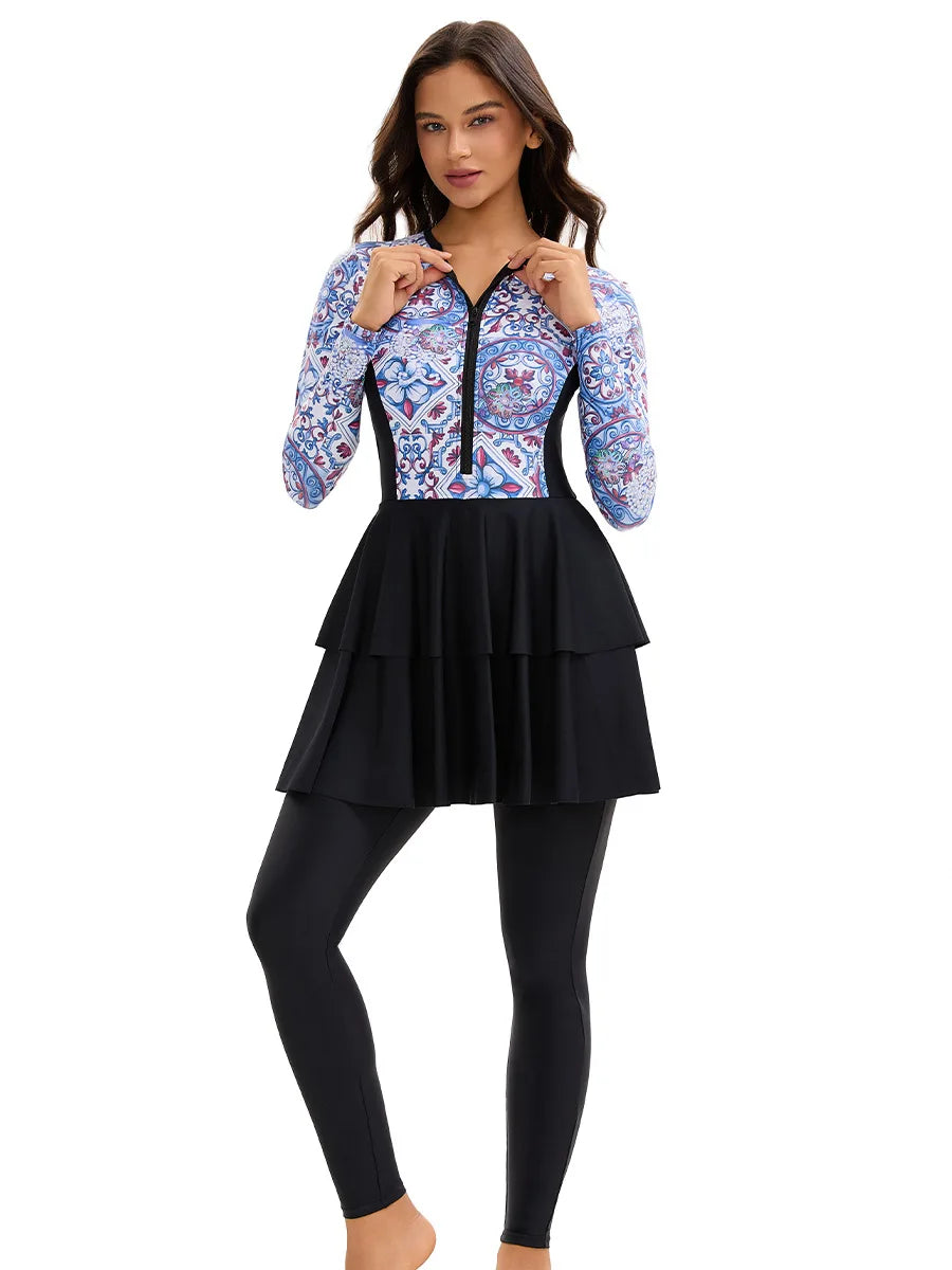 Women's  Rash Guard One-Piece Full Coverage Swimwear - Integrated Long-Sleeve Vintage Pattern + Double Ruffled Skirt Style, Full Coverage
