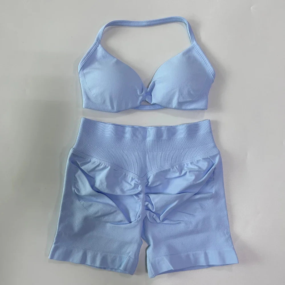 2PCS Gym Set Women Strappy Yoga Bra Top High Waist Workout Scrunch Shorts Sports Suit Seamless Yoga Set Fitness Clothes