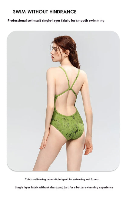 Green Pattern One-piece Swimsuit Women Quick-drying Chlorine Resistant Swimsuit