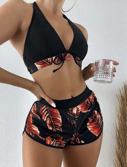 Women Tankini Bikinis 6 Colors Halter Bikini 3 Piece Set Leaf Print High Waisted Swimsuit Beach Bathing Suit Size S-XXL