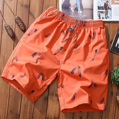 Cotton Shorts Men Breathable Thin Feather Print Pocket Elastic Waist Korean Loose Casual Sports Beach Short Pants 5XL