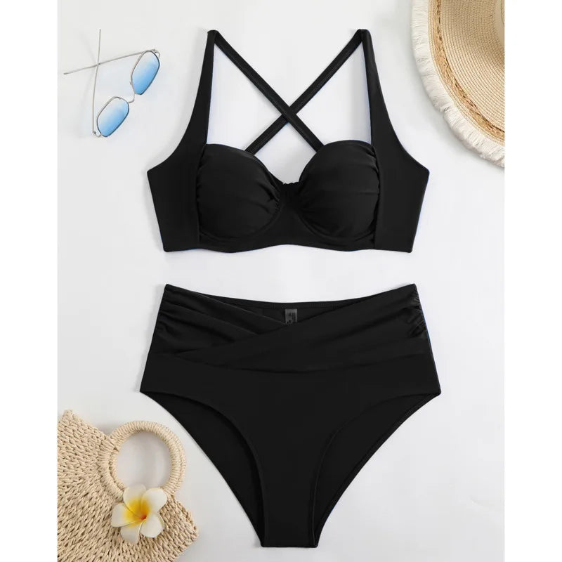 Women's Ruched High-Waisted Underwire Bikini Set