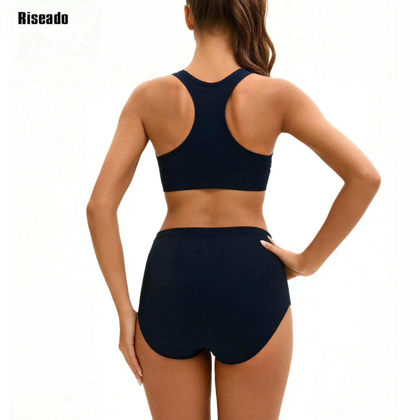 Women's High Waisted Bikini Set Sporty 2 Piece Bathing Suit Modest Racerback Swimsuit Scoop Neck Tank Midkini