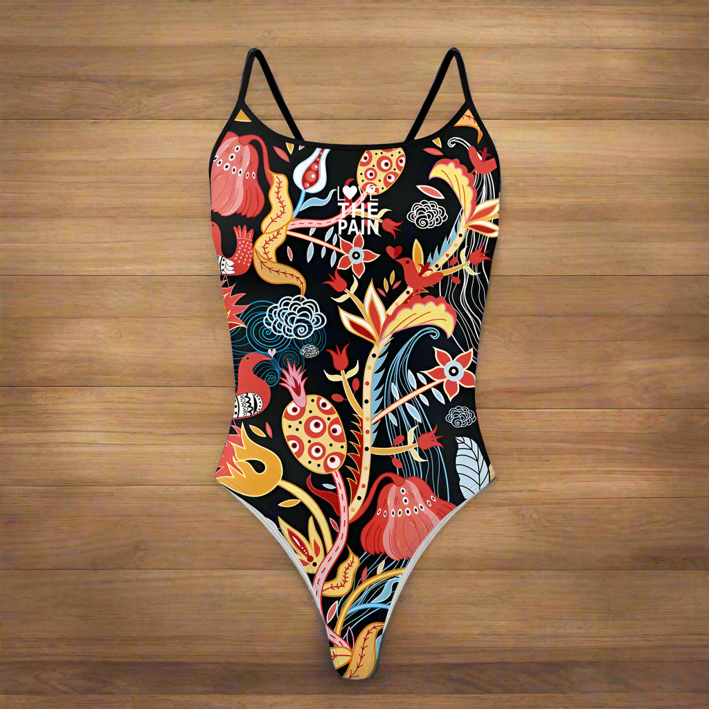 Love The Pain Summer Flower Lines Print Ladies One Piece Swimsuit