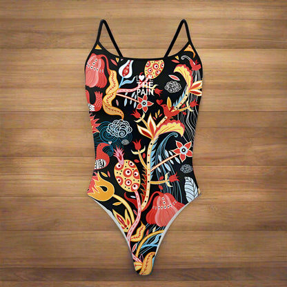 Love The Pain Summer Flower Lines Print Ladies One Piece Swimsuit