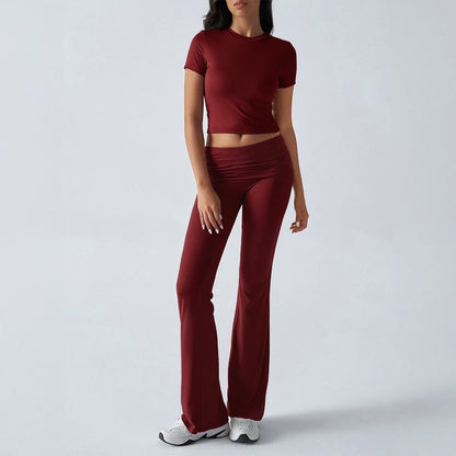 Foldable 2PCS Yoga Set Women Short Sleeve Crop Top Slim Fit High Waist Flare Leggings Fitness Suit Workout Gym Running Tracksuit
