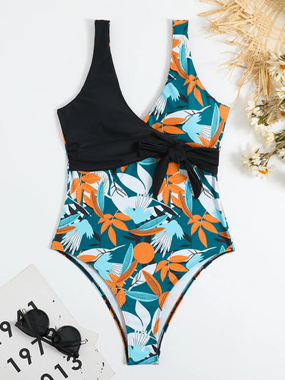 Tropical Print Swimsuit One Piece Knot Side Belted Swimwear Women Padded Bathing Suit Female Swimming Summer Beachwear