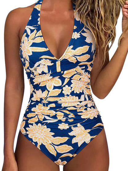 Halter Swimsuit Women One Piece Printed Cross Smocked Swimwear Female Bodysuit Bathing Swimming Suit Padded Beachwear