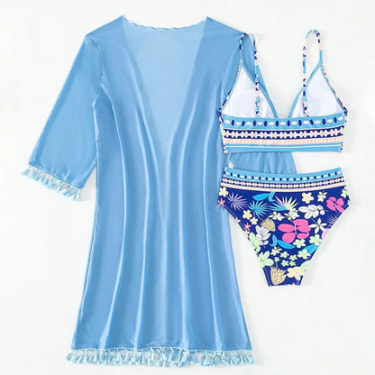 Striking Blue Floral Women's Bikini Set Three-piece swimsuit