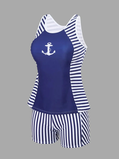 Hollow Out Swimsuit Women Stripe Print Swimwear Summer Beachwear High Waist Tankini Female Bathers Swimming Bathing Suit