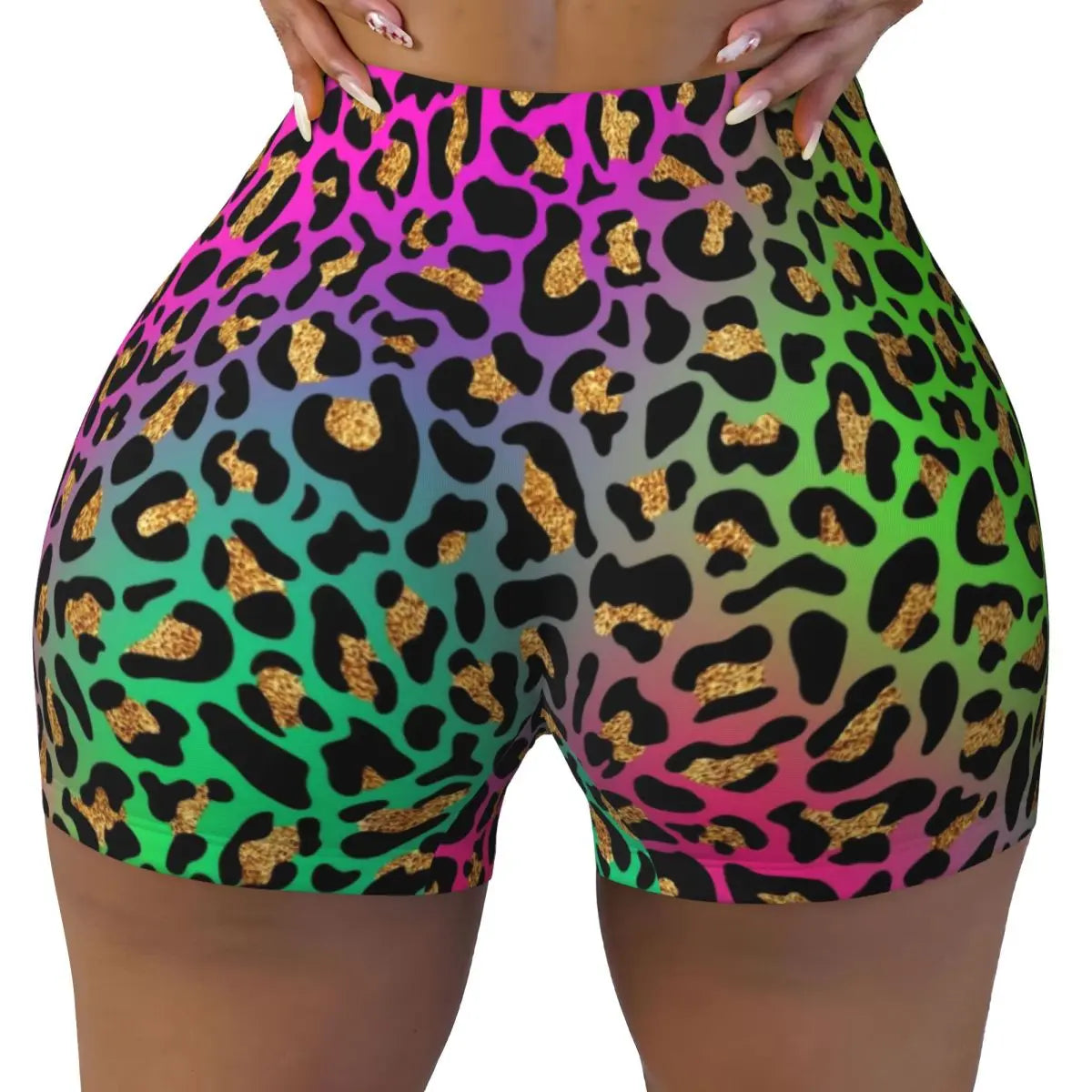 Custom Rainbow Leopard Animal Print Running Volleyball Workout Shorts Women's Athletic Gym Yoga Shorts