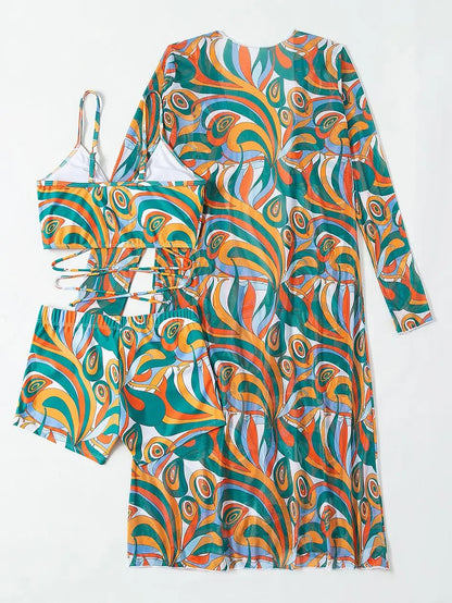 3 Pieces  Print Bikini Women High Waist Swimsuit Cover Up Swimwear Female Lady Bathing Suit Swimming Summer Beachwear