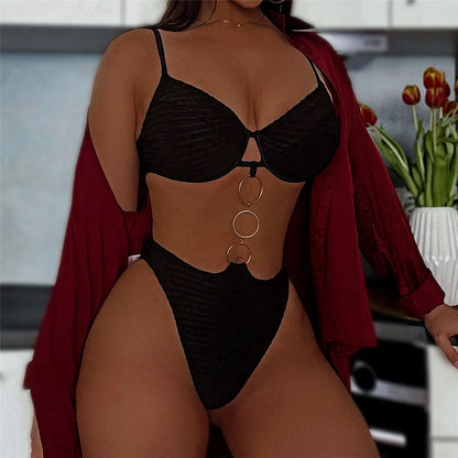 Metal Rings Wrinkled Underwired One Piece Swimsuit Women Swimwear Female Monokini High Cut Leg Bather Bathing Suit Swim