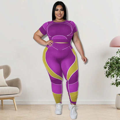 Plus Size Sets Women's Clothes Tracksuit Short Top and Pant Two Piece Sets Gym Joggers Sports Outfits High Elastic Yoga Set