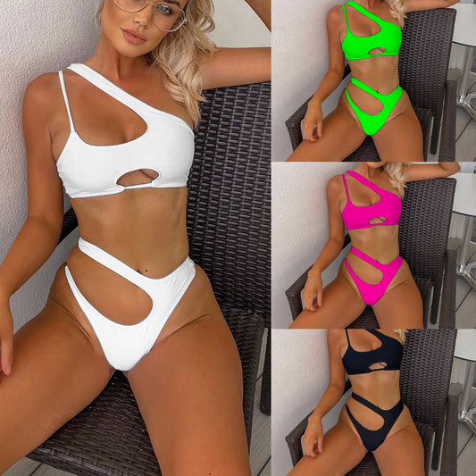 Solid color swimsuit irregular diagonal shoulder  bikini Swimwear Beach Bathing Suits