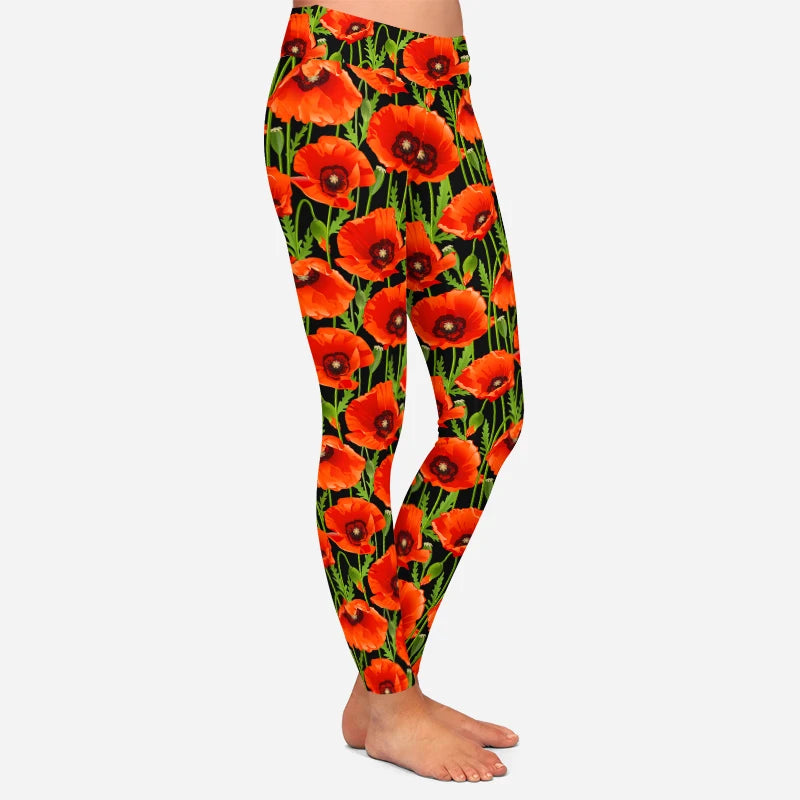 3D Poppies Flowers Print Women Stretch Pants Fashion High Waist Fitness Slim Soft Legging