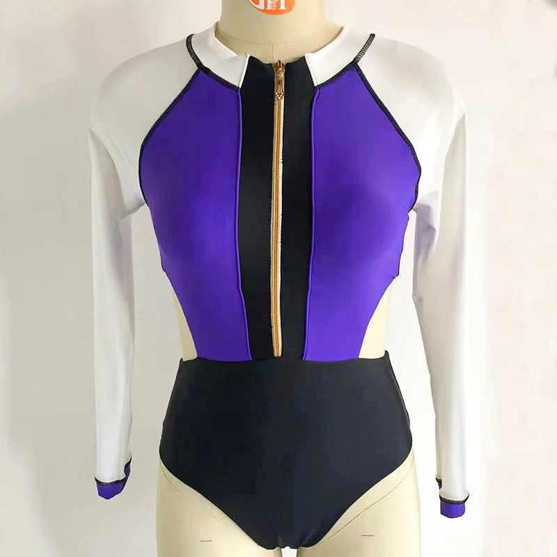 Patchwork One-Piece Swimsuit Long Sleeve Swimwear Sports Backless Women's Swimming Bathing Suit Beach Wear Bather Surfing