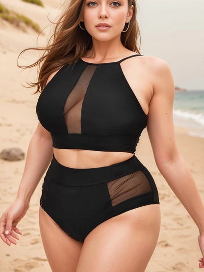 High Waist Neck Plus Size Swimwear Women Large Black Mesh Bikini Set Curvy Big 2 Piece Swimsuit Bathing Suit