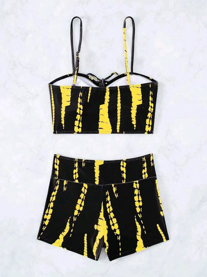 Print String Bikini Swimsuit Women High Waist Shorts Swimwear Female Bathers Bathing Swimming Swim Suit Beachwear