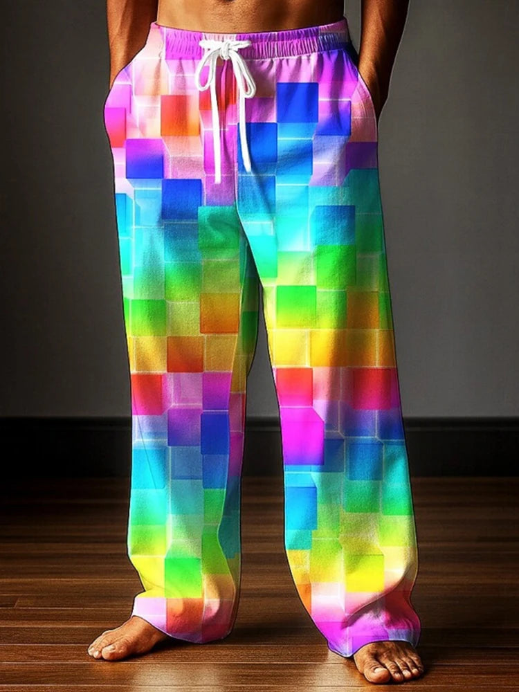 Rainbow Patchwork Print Men's Pants Relaxed Fit Outdoor Casual Breathable Trousers Drawstring Design Plus Size Pants