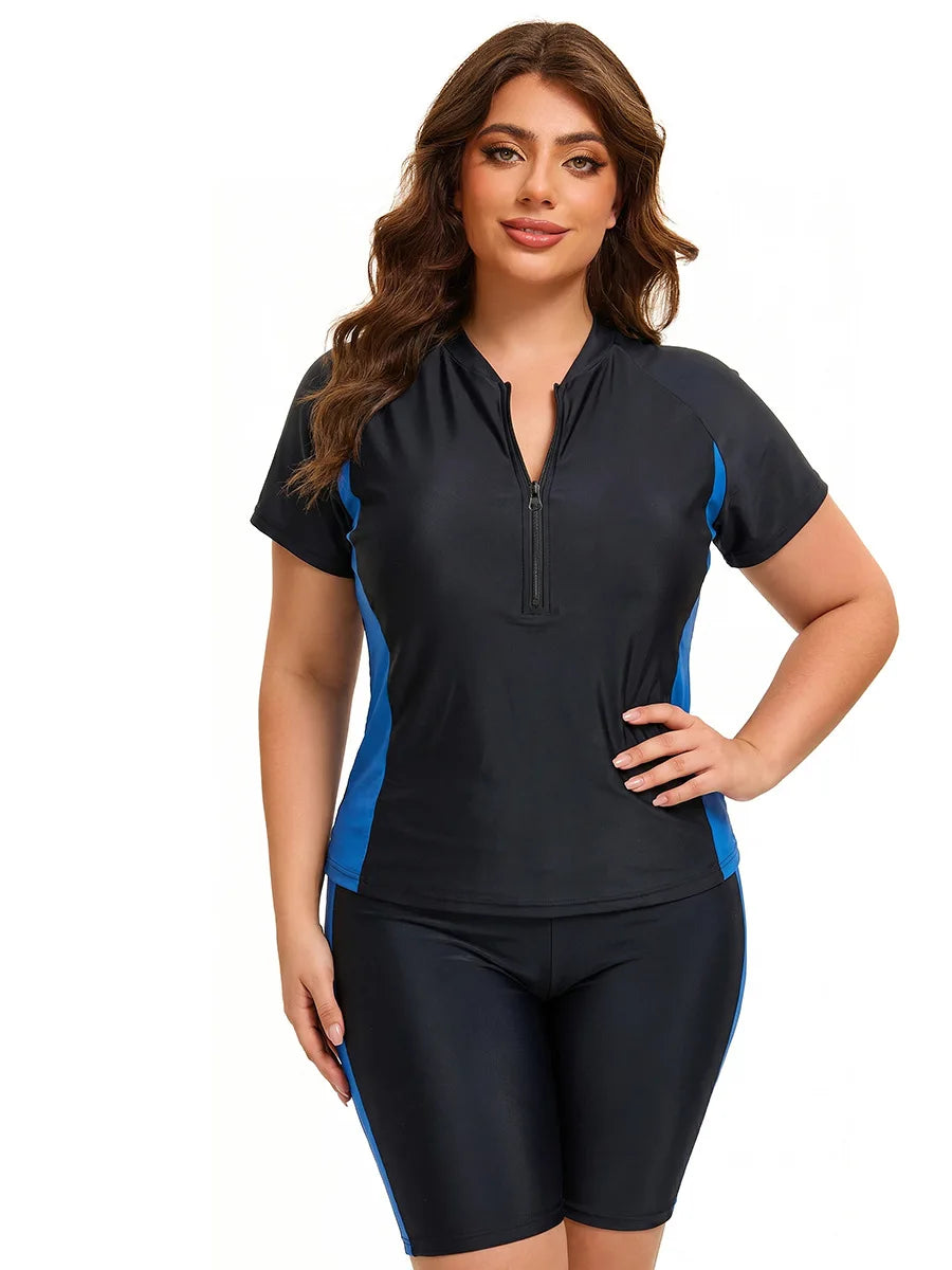 Plus Size Women Modest Swimwear Short Sleeve Swimsuit Rash Guard Tummy Control Two Piece Surf Suit Beachwear UPF 50 Bathing Suit